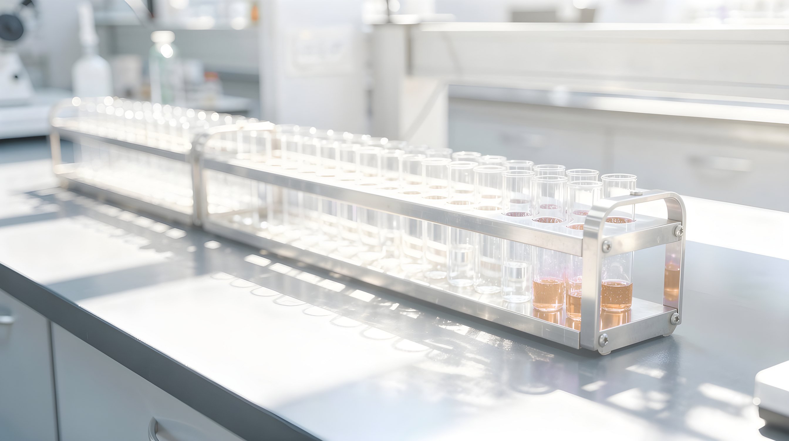 Illustration: a single row of small glass sample vials in a steel rack on a laboratory bench, the vials at the far end lit violet.