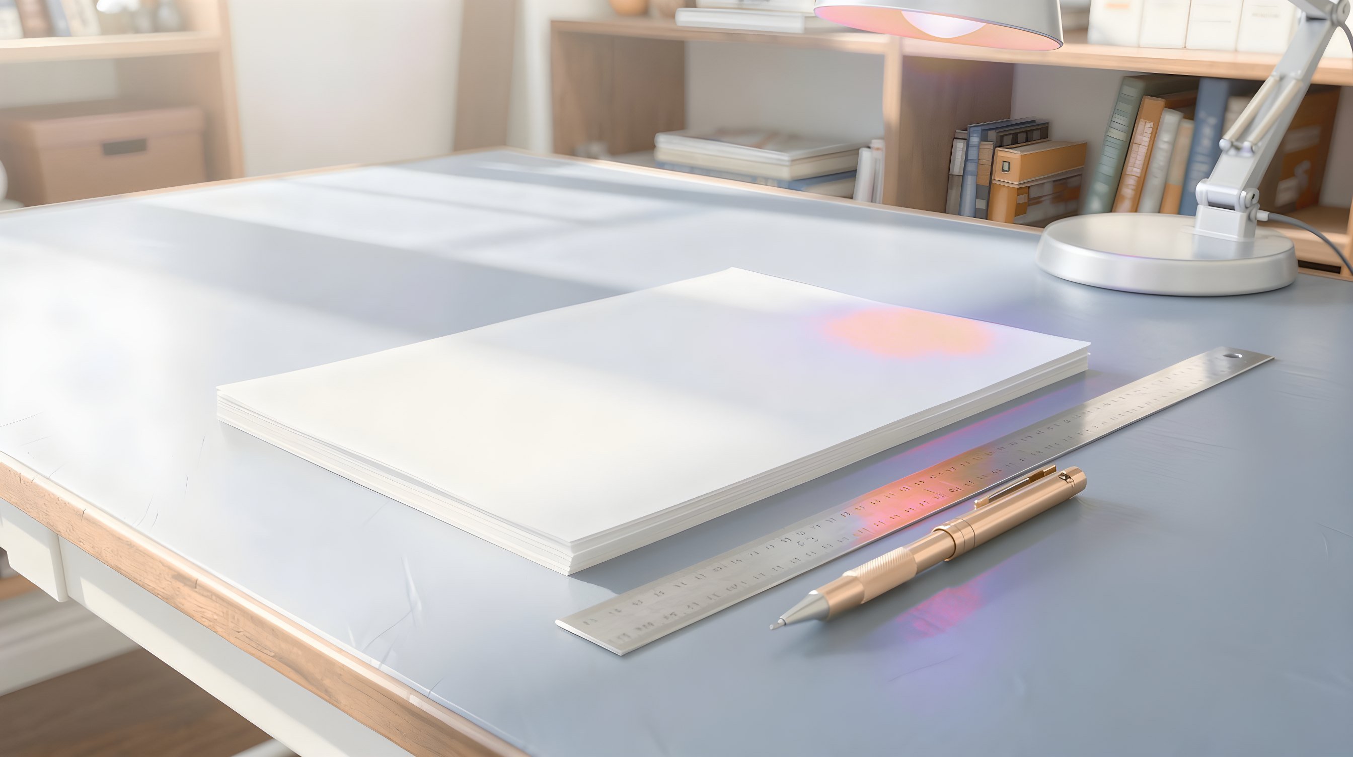 Illustration: a neat stack of blank paper beside a steel ruler and a brass pencil on a drafting table under a lamp with a violet glow.