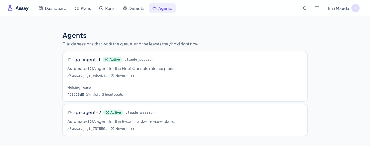 Assay's Agents page: two registered agents, one of them holding a live lease on a case with its time left and heartbeat count.