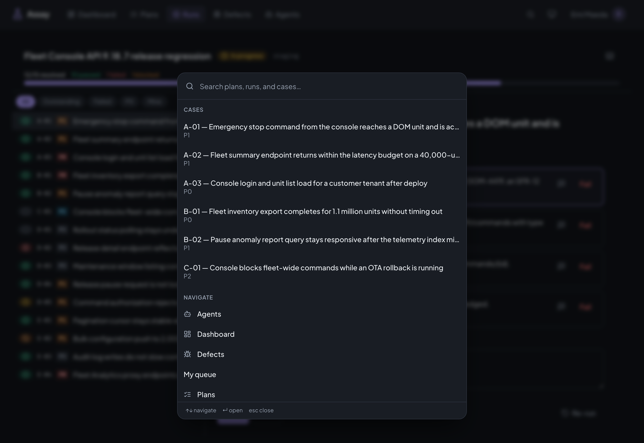 The command palette open over a run, listing cases and navigation.