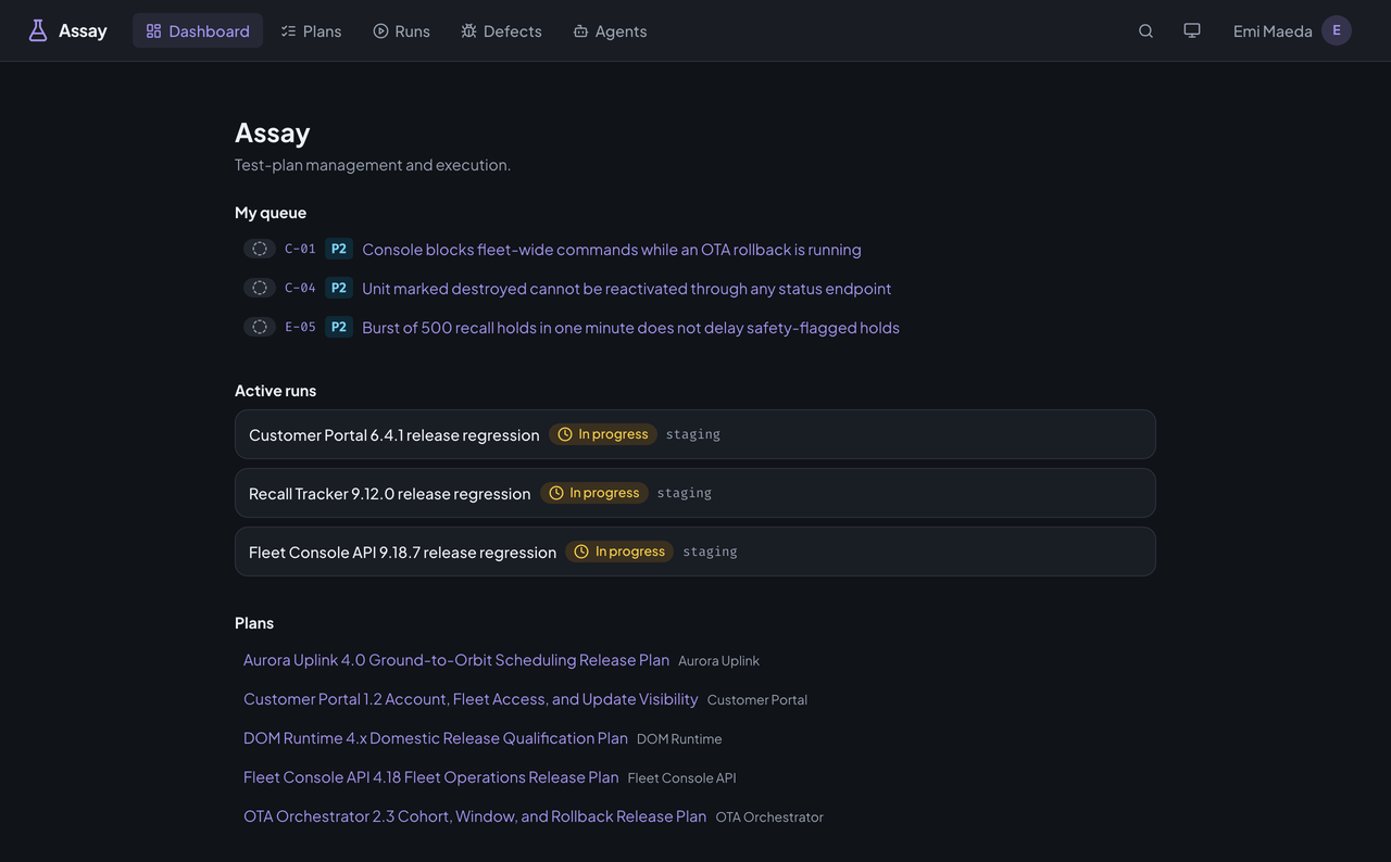 Assay's dashboard listing the signed-in person's assigned cases, three active runs, and five plans.