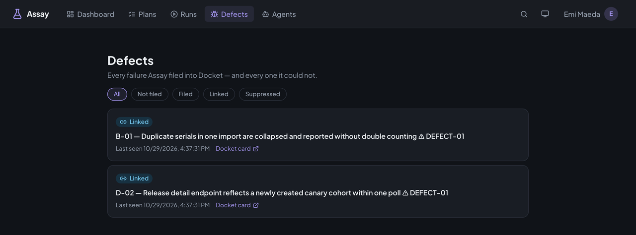 Assay's Defects page: two failures linked to existing Docket cards, each with its state and a link to the card.