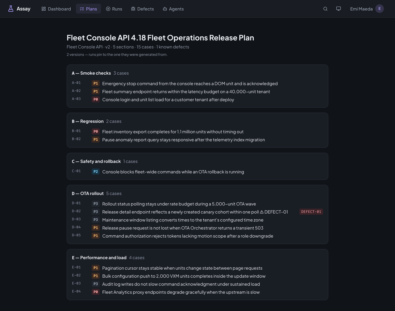 Assay's plan detail page: a plan's sections and cases with priorities and a known-defect tag, and a note that the plan has two versions.