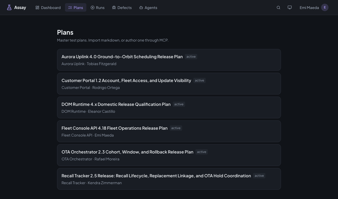 Assay's Plans page listing six release test plans.