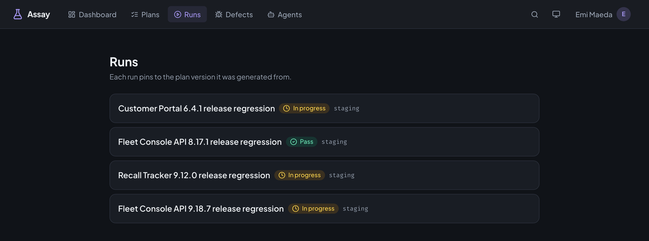 Assay's Runs page listing four runs against staging.